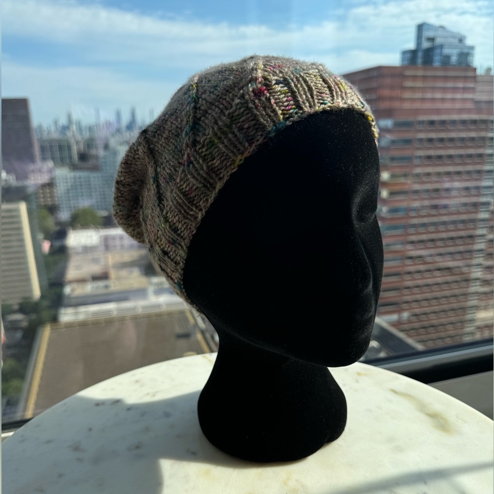 Handcrafted Knit Spiral Slouchy Hat - Grey and Rainbow Marled - Picture 5 of 7